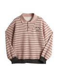 Stripe Print Bear Embroidery Shirt Neck Oversized Hoodie