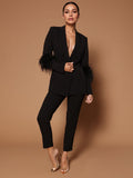 Pant Set Lapel Deep V-Neck Feathers Sexy Women Suits