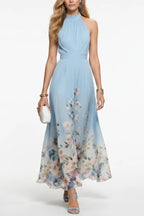 Floral Print Halter Neck Sleeveless Elegant Waist-cinching Maxi Dress