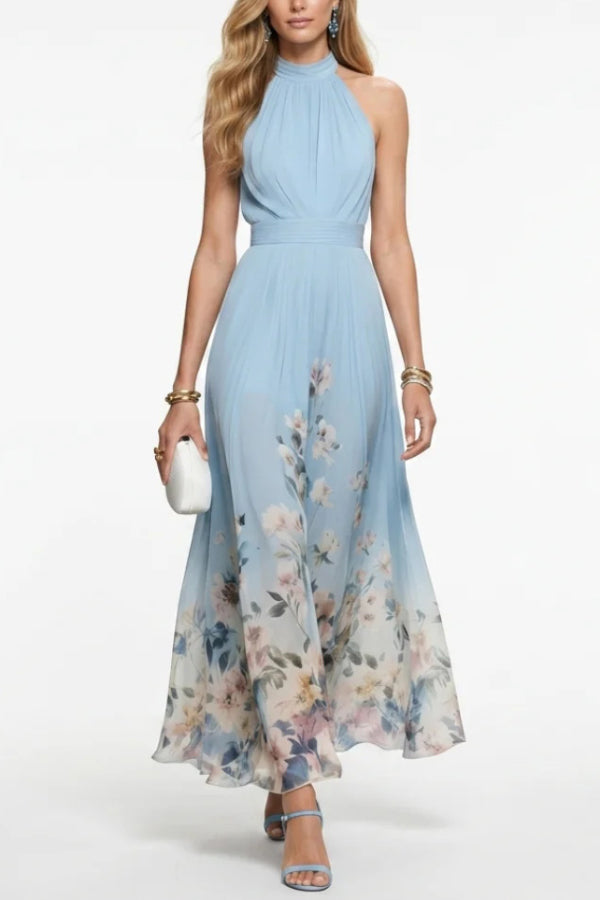 Floral Print Halter Neck Sleeveless Elegant Waist-cinching Maxi Dress