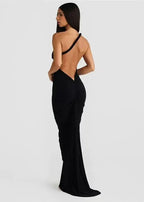 One-Shoulder Twisted Strap Folded Neckline Bodycon Maxi Dress