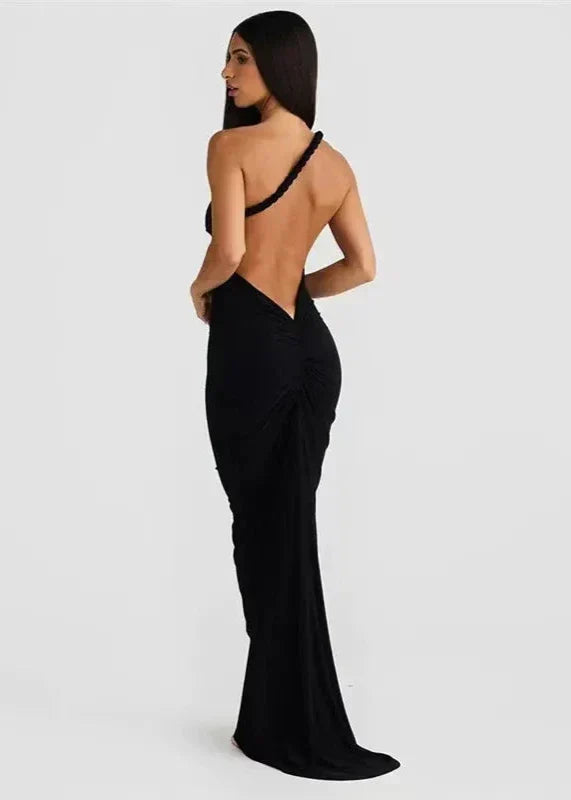 One-Shoulder Twisted Strap Folded Neckline Bodycon Maxi Dress