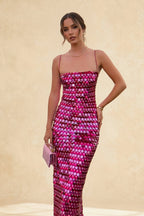 Square Neck Spaghetti Strap Ombre Disc Sequin Bodycon Midi Dress