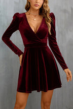 Velvet Surplice V-Neck Puff Sleeve Fit and Flare Mini Dress