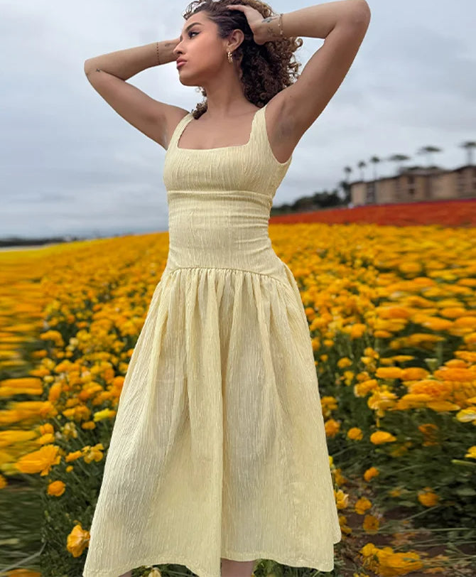 Square Neck Drop Waist Gathered Textured Tank Midi Dress
