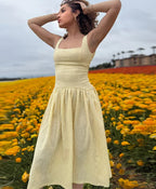 Square Neck Drop Waist Gathered Textured Tank Midi Dress