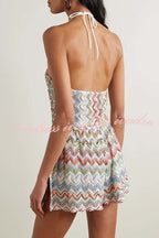 Juney Knit Colorful Zigzag Pattern Halter Neck Slit Wide Leg Loose Romper