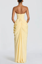 Cyra Chiffon Back Lace-up Asymmetrical Pleats Strapless Slit Maxi Dress