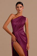 One Shoulder Slit Satin Evening Wrap Dress