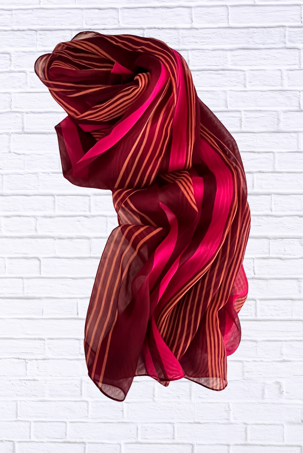 Chiffon Striped Scarf _ Elegant Sheer Wrap in Deep Red & Fuchsi