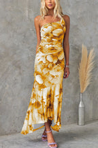 Deja Mesh Overlay Floral Print One Shoulder Ruched Stretch Maxi Dress