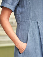 Linen V-Neck Short Sleeve Button Front Pocket Midi Dress