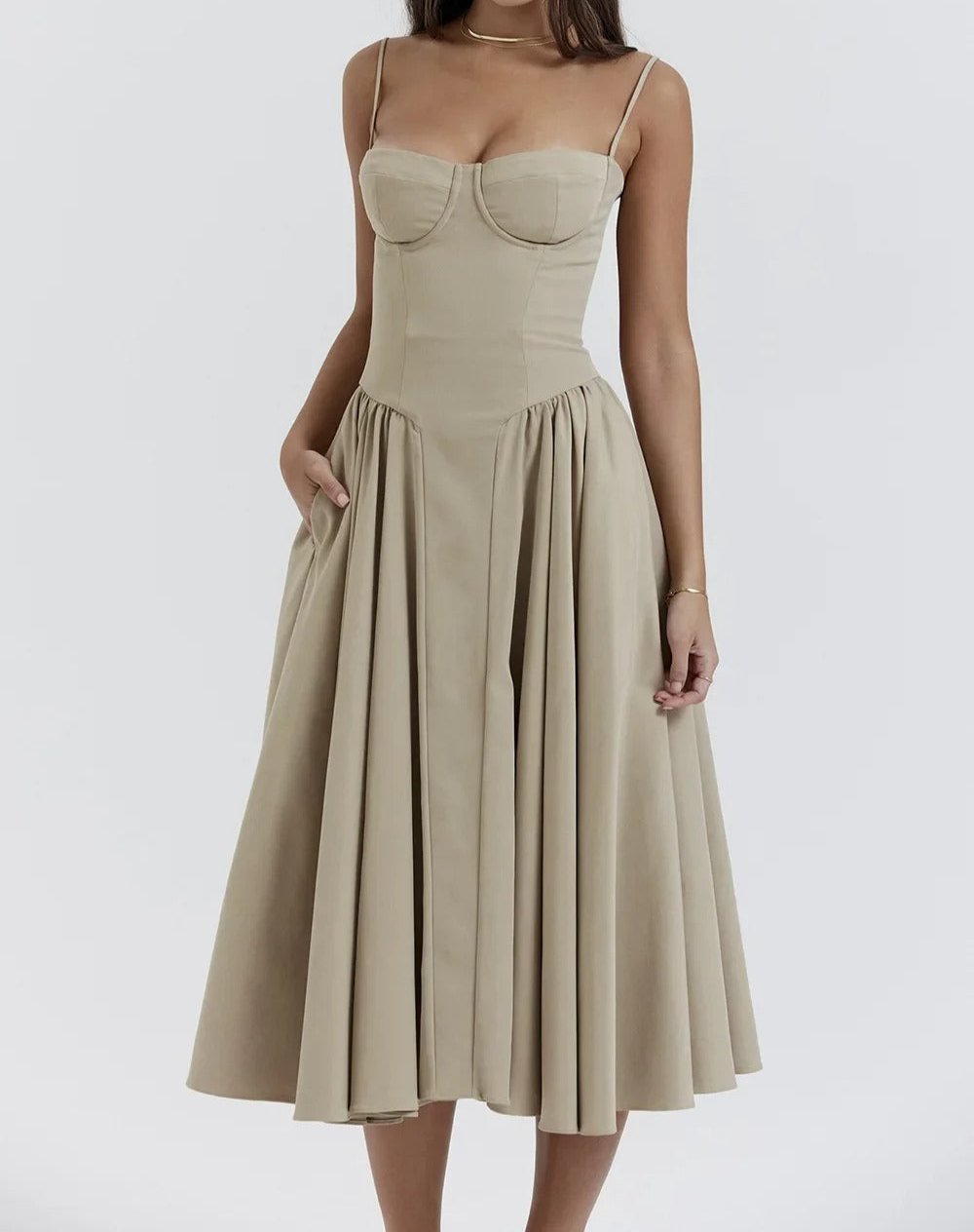 Corset Bodice Basque Waist Pleated A-Line Midi Dress