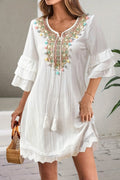 White Deep V Neck Embroidered Bib Pom Trim Bell Sleeve Lace Hem Mini Dress