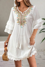 White Deep V Neck Embroidered Bib Pom Trim Bell Sleeve Lace Hem Mini Dress