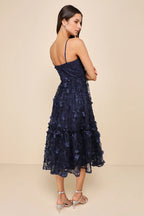 Springtime Soiree Navy Black Sequin 3D Floral Applique Midi Dress