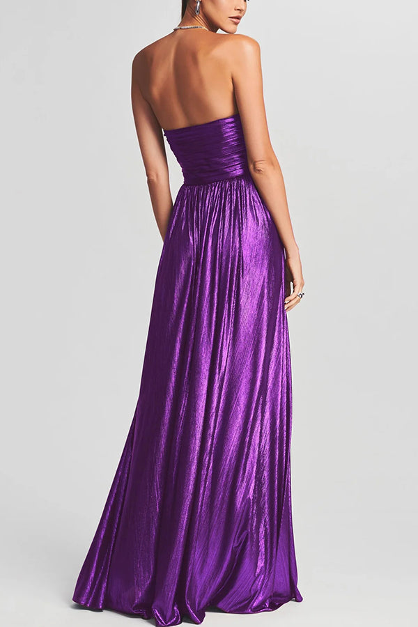 Goddess Temperament Metallic Pleated Fabric Off Shoulder Slit Maxi Dress