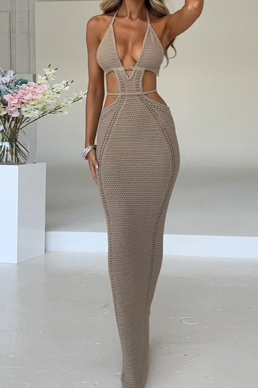 Plunging Halter Neck Crochet Waist Cut Out Open Knit Maxi Dress