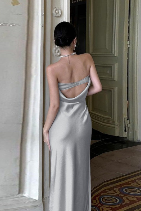 Strapless Ruched Waist Satin Mermaid Hem Maxi Gown