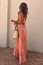 Ethnic Mandala Print Halter Backless Tassel Tiered Maxi Dress