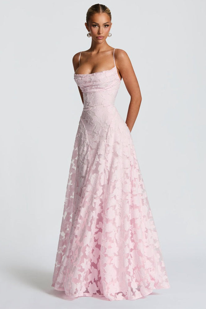 Floral Lace Cross Back Lace Up Open Back A-Line Maxi Gown