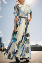 Sandy Aesthetic Unique Printed Bohemian Short Sleeve One Shoulder Maxi Dress Designer Edit