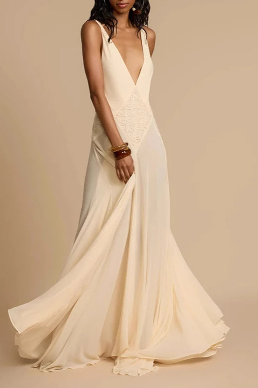 Ivory Deep V-Neck Lace Patchwork Dress