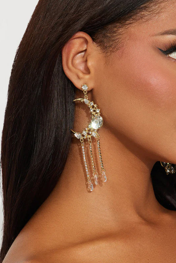 Rhinestone-Embellished Moon and Tassel Drop Earrings
