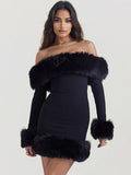 Faux Fur Trim Mini Dress Off The Shoulder Sexy Birthday Party Dresses
