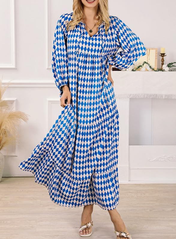 Puff Sleeve Tiered Geometric Print Boho Maxi Dress
