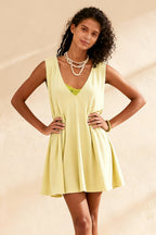 Deep V-Neck Empire Waist Pleated Babydoll Flared Mini Dress