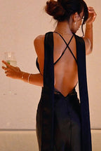 Lace Trim Deep V-Neck Spaghetti Strap Satin Neck Scarf Slip Maxi Dress