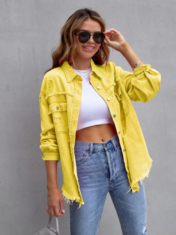 Multicolor Raw Hem Denim Jacket