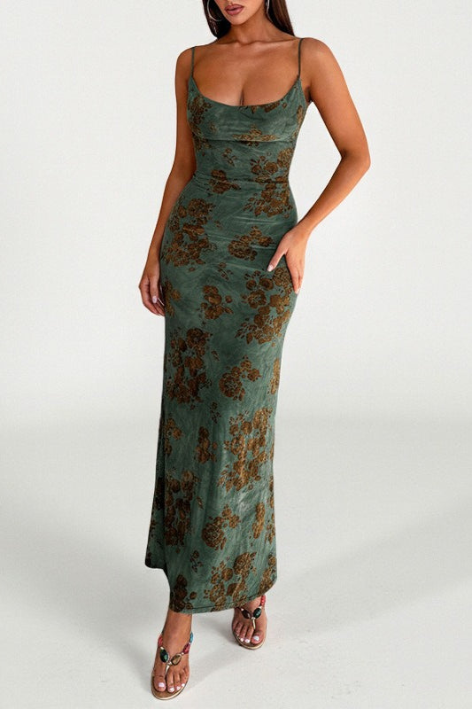 Green Spaghetti Strap V Neck Backless Floral Print Bodycon Maxi Dress