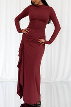 Long Sleeve Crew Neck Side Ruched Cascading Drape Panel Maxi Dress