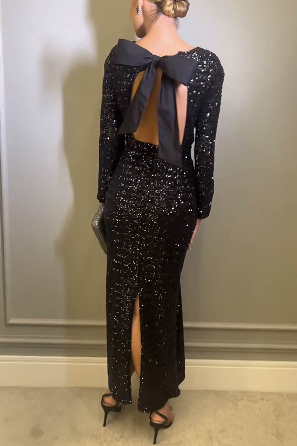 Sequin Long Sleeve Open Back Oversized Bow Maxi Gown