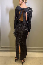Sequin Long Sleeve Open Back Oversized Bow Maxi Gown