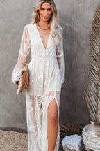 Lace Embroidered Long Sleeve Deep V-Neck Mesh High Split Maxi Dress