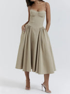 Corset Bodice Basque Waist Pleated A-Line Midi Dress