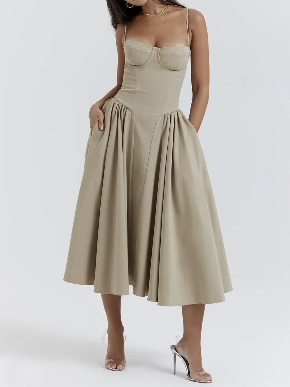 Corset Bodice Basque Waist Pleated A-Line Midi Dress