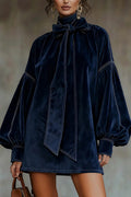 Solid Color Velvet Bow Tie Lantern Sleeve Loose Mini Dress