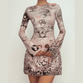Long sleeve crewneck print drawstring ruched mini dress