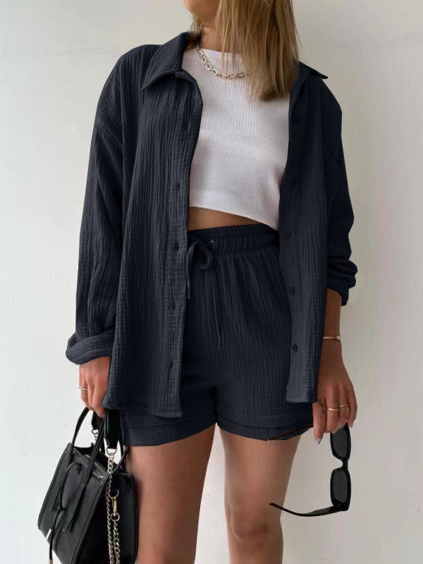 Long-sleeved Shirt And High-waisted Drawstring Shorts Casual Two-piece Set