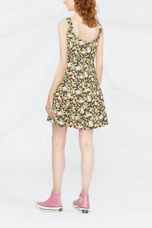 Floral Print Square Neck Wide Strap Fit and Flare Mini Dress