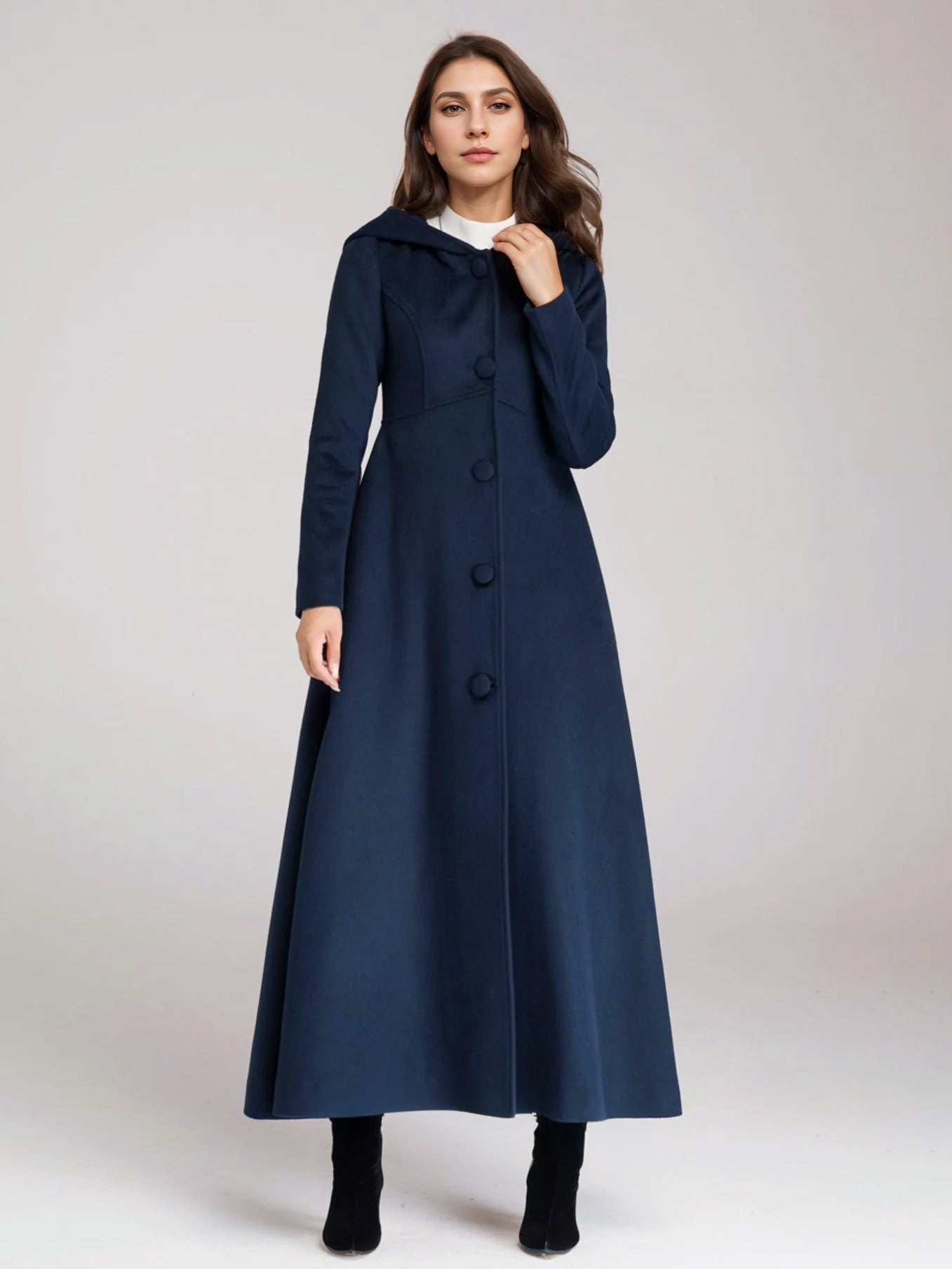 Wool Blend Coat With Hood Dark Navy A-line Flared Maxi Outerwear For Women 2026