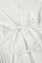 Lace Paneled Ruched Puff Sleeve Tie Blouse