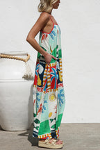 Summer-themed Printed Square Neck Sleeveless Pocket Loose Maxi Dress