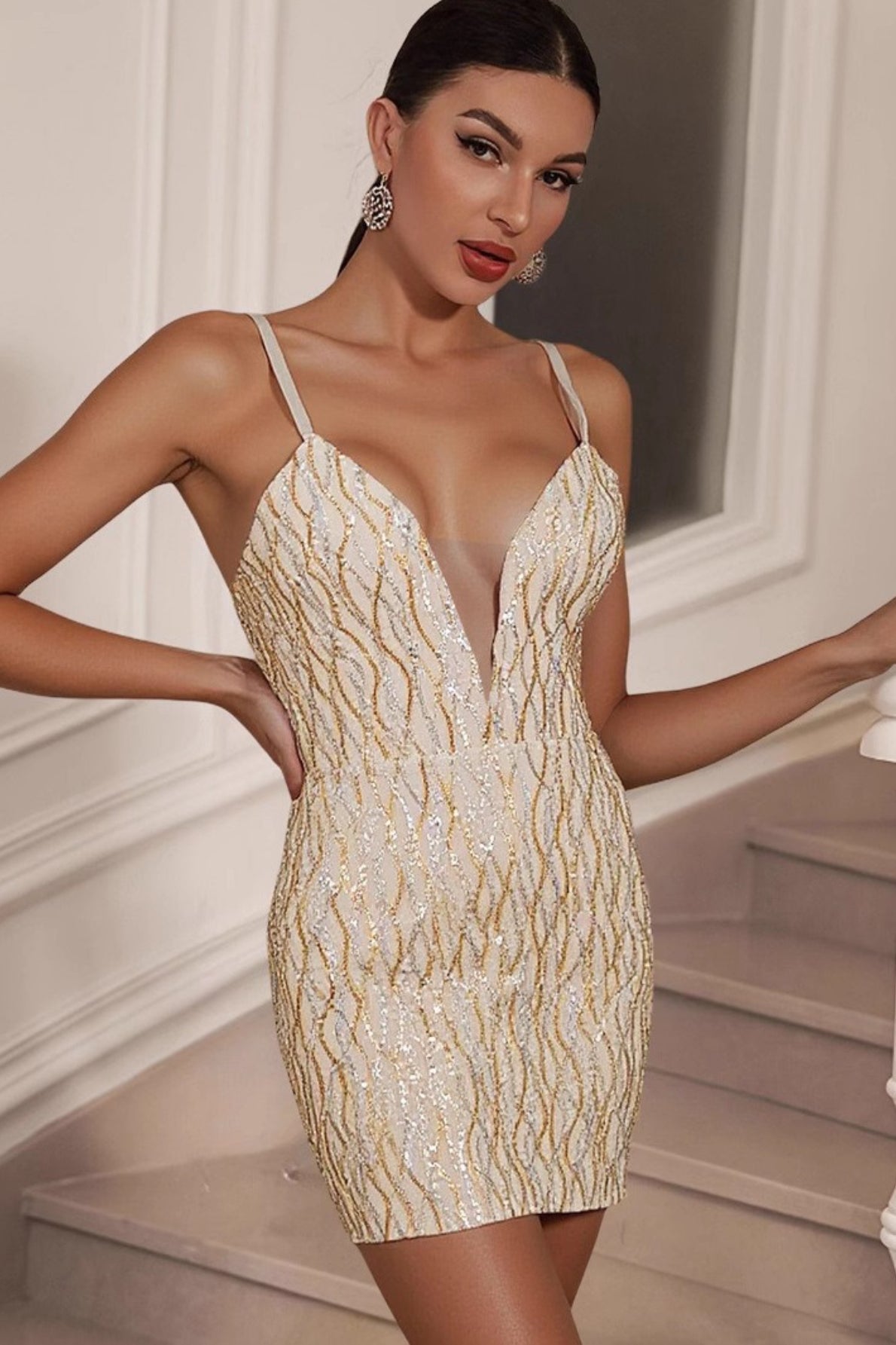 Spaghetti Strap Deep V Mesh Panel Scroll Sequin Bodycon Mini Dress