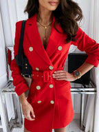 Blazer Dress White Double Breasted Solid Color Slim Fit Casual Belt Spring Fall Outerwear For Women