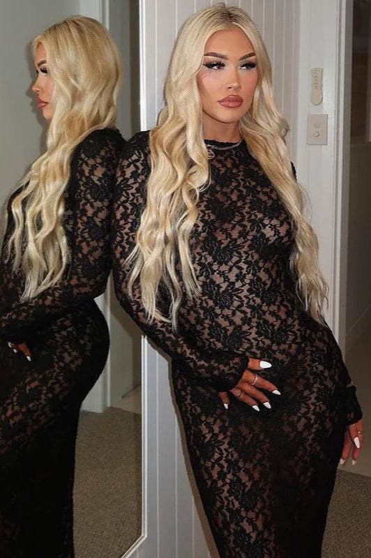 Floral Lace Sheer Long Sleeve Crew Neck Bodycon Maxi Dress